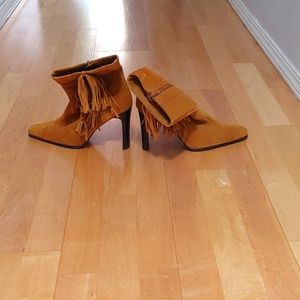 Fringe suede heeled boots